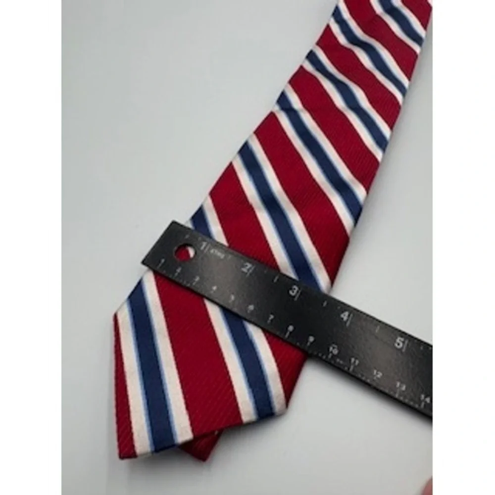 TOMMY HILFIGER 100% Silk Necktie One Size Red Blue White Striped Classic Preppy‎